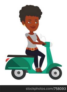 Young african-american woman riding a scooter outdoor. Smiling woman traveling on a scooter. Happy woman enjoying her trip on a scooter. Vector flat design illustration isolated on white background.. Young african-american woman riding scooter.