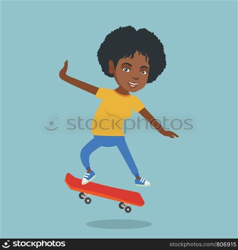 Young african-american woman riding a skateboard. Happy woman skateboarding. Cheerful woman jumping with a skateboard. Sport and healthy lifestyle concept. Vector cartoon illustration. Square layout.. Young african-american woman riding skateboard.
