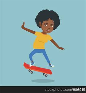 Young african-american woman riding a skateboard. Happy woman skateboarding. Cheerful woman jumping with a skateboard. Sport and healthy lifestyle concept. Vector cartoon illustration. Square layout.. Young african-american woman riding skateboard.
