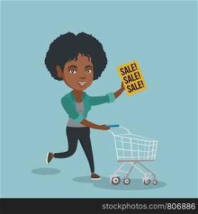 Young african-american woman running on big sale. Woman holding a paper sheet with sale text and running in a hurry with shopping cart to the store on sale. Vector cartoon illustration. Square layout.. Woman running in a hurry to the store on sale.