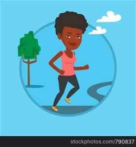 Young african-american woman running. Sportswoman running outdoors. Smiling sportswoman running in the park. Girl jogging outdoor. Vector flat design illustration in the circle isolated on background.. Young woman running vector illustration.