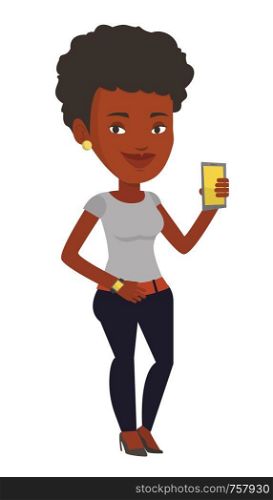Young african-american woman showing her smartphone and smart watch. Concept of synchronization between smart watch and smartphone. Vector flat design illustration isolated on white background.. Synchronization between smartwatch and smartphone.