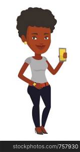 Young african-american woman showing her smartphone and smart watch. Concept of synchronization between smart watch and smartphone. Vector flat design illustration isolated on white background.. Synchronization between smartwatch and smartphone.