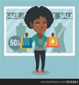 Young african-american woman showing shopping bags in front of shop window with sale sign. Woman standing on the background of shop window with text sale. Vector cartoon illustration. Square layout.. Young african-american woman shopping on sale.
