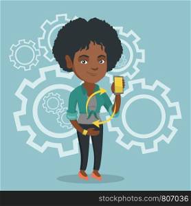 Young african-american woman showing smartphone and smart watch on the background of cogwheels. Concept of synchronization between smartwatch and smartphone. Vector cartoon illustration. Square layout. Synchronization between smartwatch and smartphone.