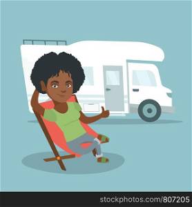 Young african-american woman sitting in a folding chair and giving thumb up on the background of camper van. Happy woman enjoying vacation in a camper van. Vector cartoon illustration. Square layout.. Woman sitting in a chair in front of camper van.