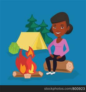 Young african-american woman sitting near a campfire at a campsite. Travelling woman sitting on a log near a campfire. Tourist relaxing near campfire. Vector flat design illustration. Square layout.. Woman sitting on log near campfire in the camping.