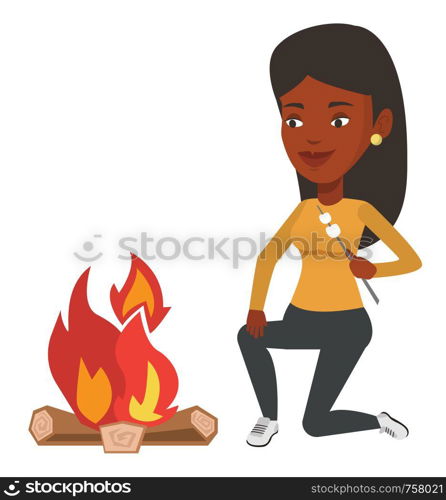 Young african-american woman sitting near campfire. Cheerful woman roasting marshmallow over campfire. Tourist relaxing near campfire. Vector flat design illustration isolated on white background.. Woman roasting marshmallow over campfire.