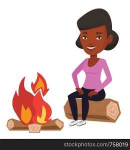 Young african-american woman sitting near campfire. Travelling woman sitting on a log near campfire. Woman relaxing near campfire. Vector flat design illustration isolated on white background.. Woman sitting on log near campfire in the camping.