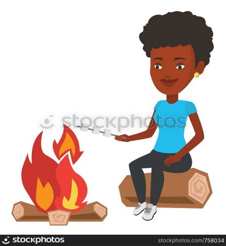 Young african-american woman sitting near campfire. Woman roasting marshmallow over campfire. Tourist relaxing near campfire. Vector flat design illustration isolated on white background.. Woman roasting marshmallow over campfire.