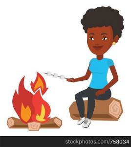 Young african-american woman sitting near campfire. Woman roasting marshmallow over campfire. Tourist relaxing near campfire. Vector flat design illustration isolated on white background.. Woman roasting marshmallow over campfire.