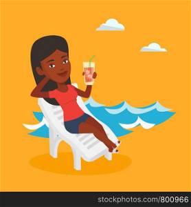 Young african-american woman sitting on a beach chair. Happy woman drinking a cocktail on a beach chair. Joyful woman on a beach chair with cocktail. Vector flat design illustration. Square layout.. Woman relaxing on beach chair vector illustration.