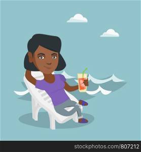 Young african-american woman sitting on a chaise-longue on the beach. Happy smiling woman relaxing on a chaise-longue and drinking a cocktail on the beach. Vector cartoon illustration. Square layout.. African-american woman relaxing on a chaise-longue