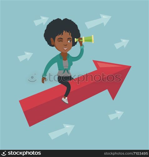 Young african-american woman sitting on arrow and using a telescope for searching of business opportunities. Concept of search for business opportunities. Vector cartoon illustration. Square layout.. African business woman looking through spyglass.