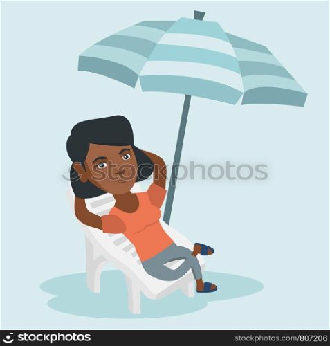 Young african-american woman sitting on the chaise-longue under beach umbrella. Happy woman resting on the chaise-longue with folded arms behind her head. Vector cartoon illustration. Square layout.. Young african woman relaxing on the beach chair.