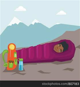 Young african-american woman sleeping in a sleeping bag during a hike in the mountains. Woman laying on the ground wrapped up in a mummy sleeping bag. Vector cartoon illustration. Square layout.. Woman sleeping in a sleeping bag in the mountains.