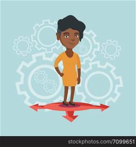 Young african-american woman standing on three alternative career ways. Smiling woman choosing career way. Concept of career choices. Vector cartoon illustration. Square layout.. Young african-american woman choosing career way.