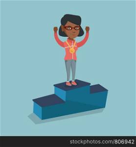 Young african-american woman standing with gold medal and raised hands on the winners podium. Ssportswoman celebrating on the winners podium. Winner concept. Vector cartoon illustration. Square layout. African sportswoman celebrating on winner podium