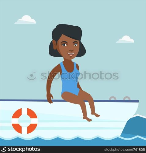 Young african-american woman tanning on the front of the yacht. Happy woman travelling by yacht. Woman resting during summer trip on the yacht. Vector cartoon illustration. Square layout.. Young african-american woman tanning on a sailboat