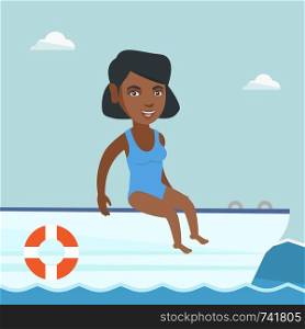Young african-american woman tanning on the front of the yacht. Happy woman travelling by yacht. Woman resting during summer trip on the yacht. Vector cartoon illustration. Square layout.. Young african-american woman tanning on a sailboat