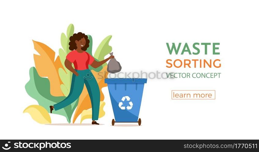 Young African American woman throwing garbage into containers vector illustration. Waste management concept eco-friendly girl sorting plastic in different tanks. Ecological save the Earth design. Young African American woman throwing garbage into containers vector illustration.