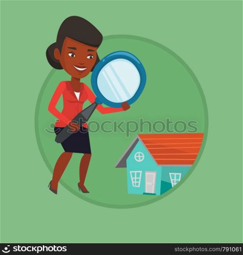 Young african-american woman using a magnifying glass for looking for a new house. Woman with a magnifying glass checking a house. Vector flat design illustration in the circle isolated on background.. Woman looking for house vector illustration.
