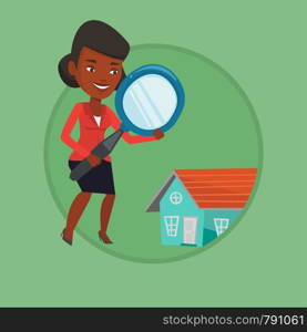Young african-american woman using a magnifying glass for looking for a new house. Woman with a magnifying glass checking a house. Vector flat design illustration in the circle isolated on background.. Woman looking for house vector illustration.