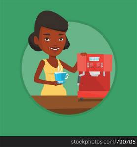 Young african-american woman using coffee-machine. Woman holding cup of hot coffee in hand. Woman standing beside a coffee machine. Vector flat design illustration in the circle isolated on background. Woman making coffee vector illustration.