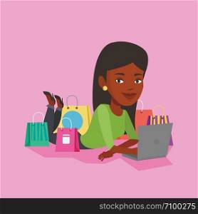Young african-american woman using laptop for online shopping. Woman lying with laptop and making online shopping order. Woman doing online shopping. Vector flat design illustration. Square layout.. Woman shopping online vector illustration.