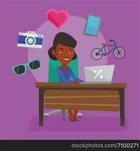 Young african-american woman using laptop for online shopping. Happy woman doing online shopping. Woman buying in online shop. Girl buying on internet. Vector flat design illustration. Square layout.. Woman shopping online vector illustration.
