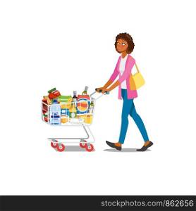 Young African American Woman Walking with Supermarket Cart Full of Food and Drinks Cartoon Vector Illustration Isolated on White Background. Shopping in Grocery, Buying Groceries for Family for Week