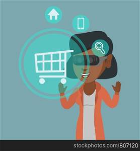 Young african-american woman wearing virtual reality headset and looking at icon of shopping cart. Concept of virtual reality, online shopping, e-commerce. Vector cartoon illustration. Square layout.. Woman in virtual reality headset shopping online.