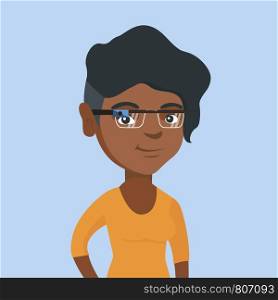 Young african-american woman wearing wearable computer with an optical head-mounted display. Smiling woman wearing smart glasses. Vector cartoon illustration. Square layout.. Young african-american woman wearing smart glasses