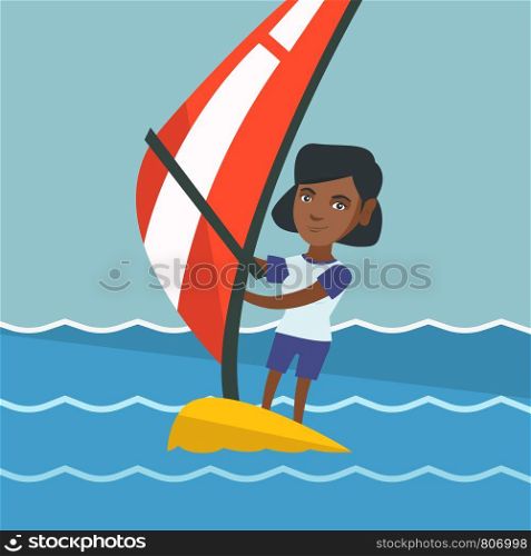 Young african-american woman windsurfing in the sea. Woman standing on the board with a sail for windsurfing. Windsurfer training on water. Vector cartoon illustration. Square layout.. Young african-american woman windsurfing.