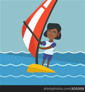 Young african-american woman windsurfing in the sea. Woman standing on the board with a sail for windsurfing. Windsurfer training on water. Vector cartoon illustration. Square layout.. Young african-american woman windsurfing.