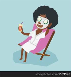 Young african-american woman with face mask lying in chaise lounge and drinking cocktail. Woman relaxing in beauty salon. Woman getting beauty treatments. VVector cartoon illustration. Square layout.. Young woman getting beauty treatments in a salon.