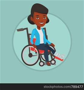 Young african-american woman with leg in plaster. Injured woman sitting in wheelchair with broken leg. Woman with fractured leg. Vector flat design illustration in the circle isolated on background.. Woman with broken leg sitting in wheelchair.