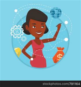 Young african-american woman writing on a virtual screen. Business woman drawing a cloud computing diagram on a virtual screen. Vector flat design illustration in the circle isolated on background.. Woman writing cloud computing on virtual screen.