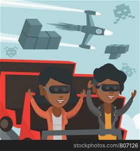 Young african-american women in virtual reality headset riding a roller coaster. Friends in virtual reality glasses having fun in virtual amusement park. Vector cartoon illustration. Square layout.. Young women in vr headset riding a roller coaster.