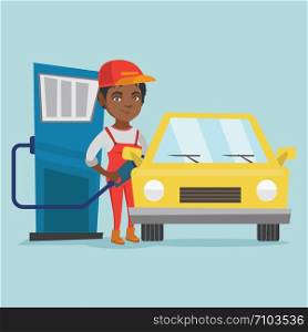Young african-american worker of gas station refueling a car. Woman in workwear pumping gasoline fuel in car at gas station. Vector cartoon illustration. Square layout.. African worker of gas station refueling a car.