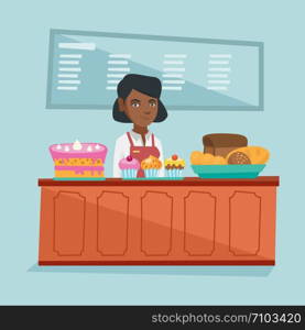 Young african-american worker of the bakery offering pastry. Saleswoman standing behind the counter with cakes in the bakery. Woman working in the bakery. Vector cartoon illustration. Square layout.. Worker standing behind the counter in the bakery.