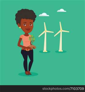 Young african-american worker of wind farm. Woman holding in hands green small plant in soil on the background of wind turbines. Green energy concept. Vector flat design illustration. Square layout.. Woman holding small plant vector illustration.