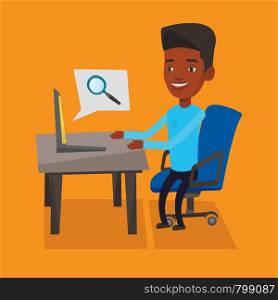 Young african-american young businessman working on his laptop in office and searching information on internet. Internet search and job search concept. Vector flat design illustration. Square layout.. Businessman working on his laptop.