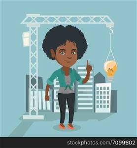 Young african architect pointing at idea lightbulb hanging on the crane. Architect having an idea in town planning. Concept of new ideas in architecture. Vector cartoon illustration. Square layout.. Architect pointing at lightbulb hanging on crane.