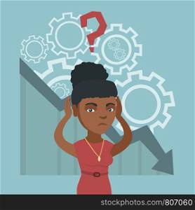 Young african bankrupt woman clutching head on the background of chart going down. Bankrupt woman with question above head. Concept of business bankruptcy. Vector cartoon illustration. Square layout. Young african-american bankrupt clutching head.
