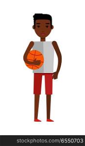 Young african black man with ball isolated on white. Beautiful afro american boy in white T-shirt and red breeches. Sportive handsome gentleman. Part of series of people of the world. Vector. Young African Black Man with Ball Isolated
