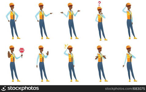 Young african builder showing stop road sign. Full length of builder holding stop road sign. Serious builder with stop road sign. Set of vector flat design illustrations isolated on white background.. Vector set of builder characters.