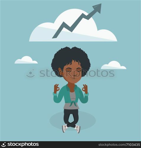 Young african business woman doing yoga in lotus position and thinking about the growth graph. Peaceful business woman meditating in yoga lotus position. Vector cartoon illustration. Square layout.. Peaceful african business woman doing yoga.