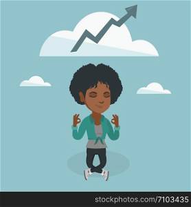 Young african business woman doing yoga in lotus position and thinking about the growth graph. Peaceful business woman meditating in yoga lotus position. Vector cartoon illustration. Square layout.. Peaceful african business woman doing yoga.