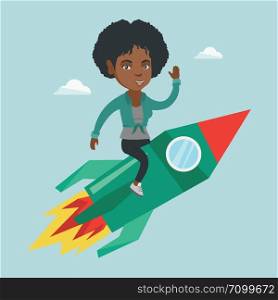 Young african business woman flying on the business start up rocket. Woman sitting on the business start up rocket and waving. Business start up concept. Vector cartoon illustration. Square layout.. Young woman flying on business start up rocket.